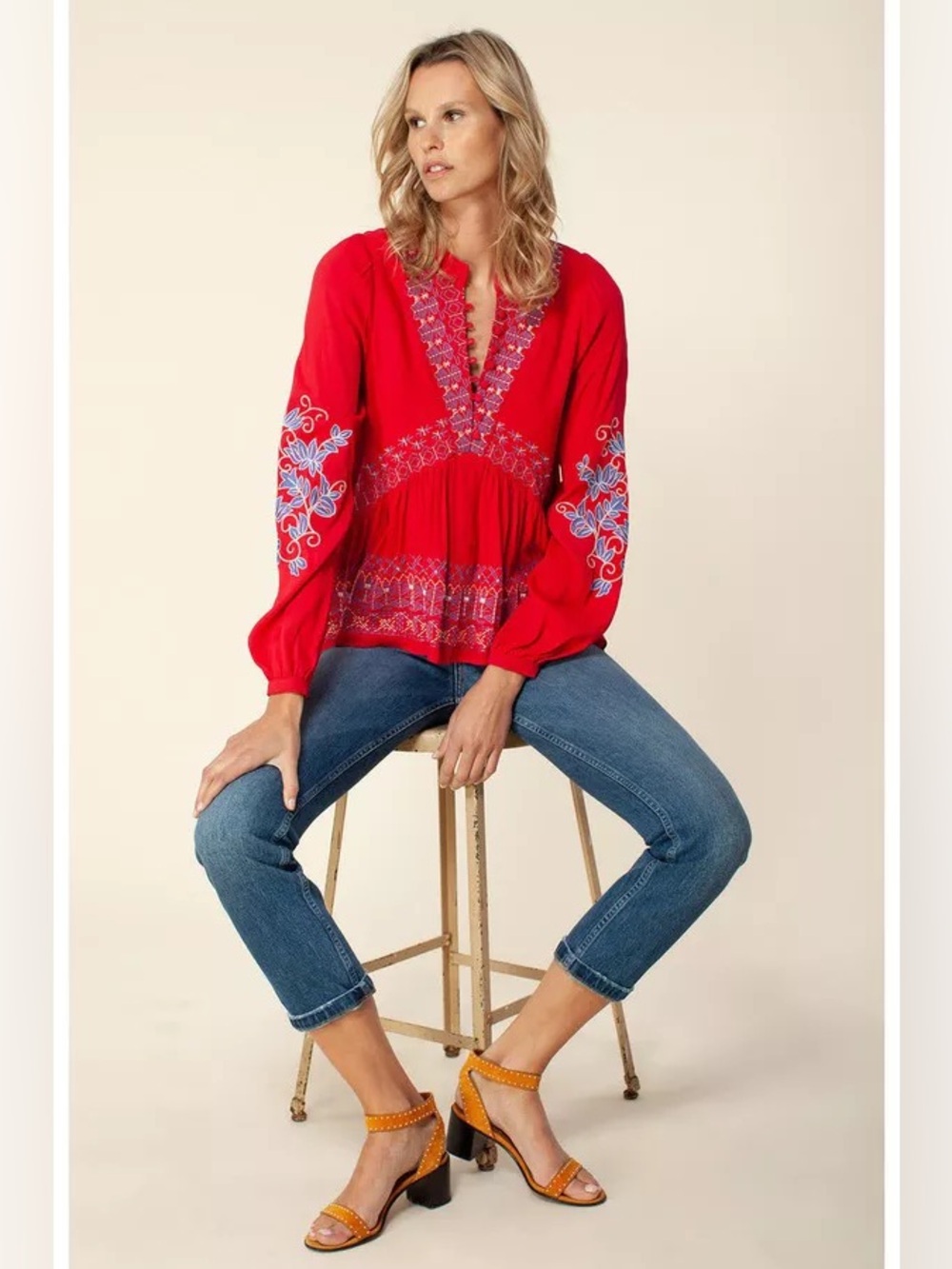 1378. HALE BOB Donatella embroidered Blouse  in Red Top Sz XS NWT $338